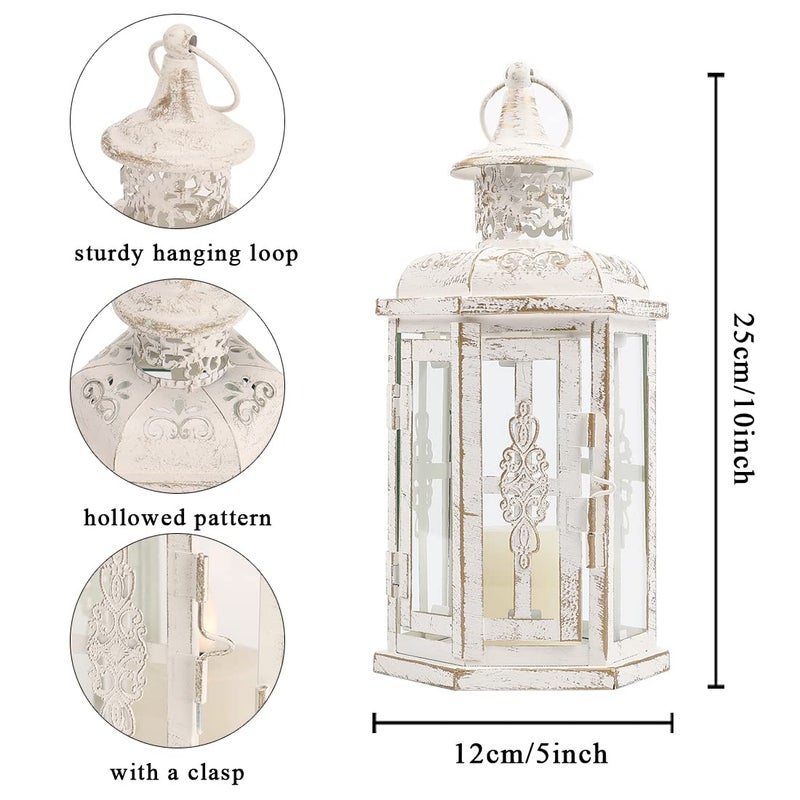 JHY DESIGN Decorative Candle lantern-10inch High Vintage Style Hanging Lantern Metal Candleholder for Indoor Outdoor Events Parities and Weddings (White with Gold Brush) - Image 3